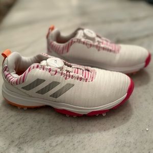 Girls Size 2 Adidas Golf Cleats Shoes micro-adjustment dial white pink orange